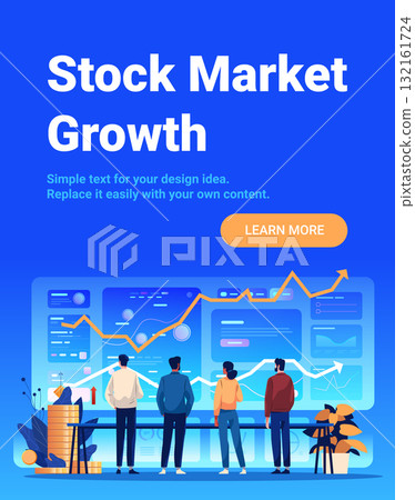 Stock market growth business team analyzing financial data digital dashboard rising graph coins modern office blue background landing page 132161724