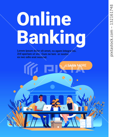 Online banking digital finance people using laptops modern office bank building background plants blue gradient website banner 132161748