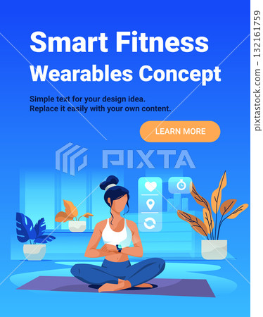 Smart fitness wearables concept woman checking smartwatch yoga mat indoor plants digital health icons blue background landing page 132161759