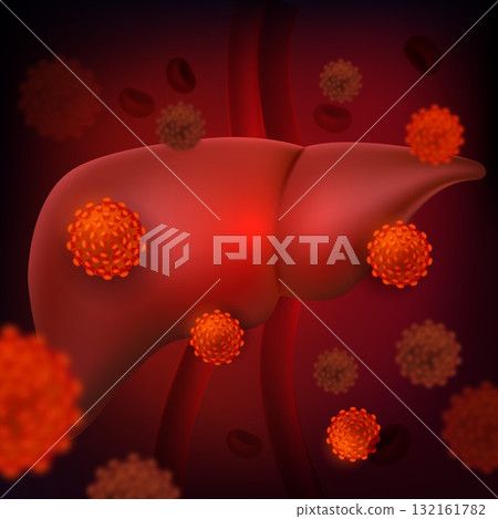 Liver with orange viral particles surrounded by blood cells in 3D cartoon style composition Liver with orange viral particles surrounded by blood cells in 3D cartoon style composition 132161782