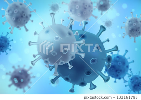 Blue and white spherical virus particles floating on light blue 3D cartoon background 132161783