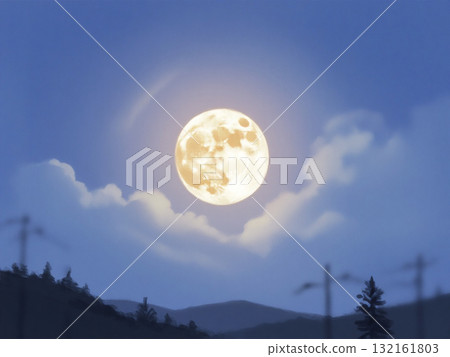 一輪大月亮漂浮在夜空中 132161803