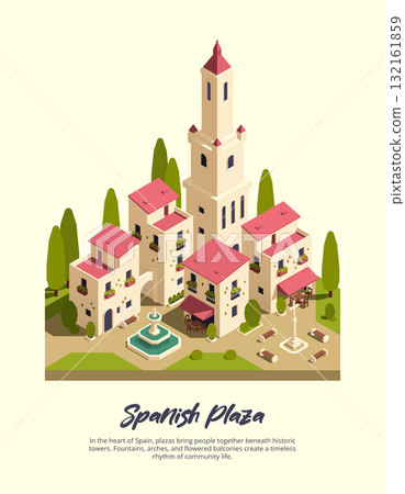 Spain isometric composition merging windmills coastal castle and village realistic style 132161859
