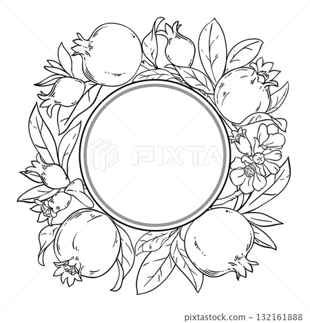 Pomegranate Branch Outline Round Frame. 132161888