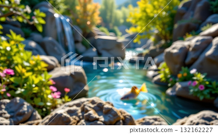A tranquil landscape with a rocky stream flowing through a lush garden filled with various plants and flowers 132162227