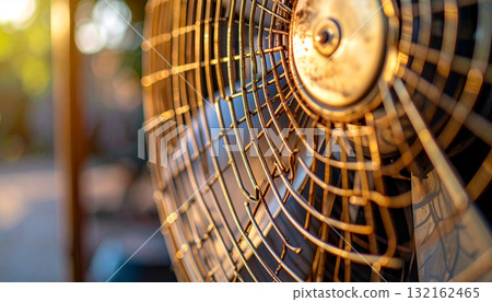 Macro detail of a vintage fan grill with a warm, sunny green bokeh background, with copy space. 132162465