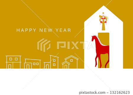 賀年卡素材：簡潔時尚的紅馬與房屋新年圖案（用於住房、裝潢、保險、金融） 132162623