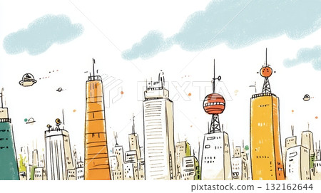未來派摩天大樓城市與飛行不明飛行物的插圖 132162644