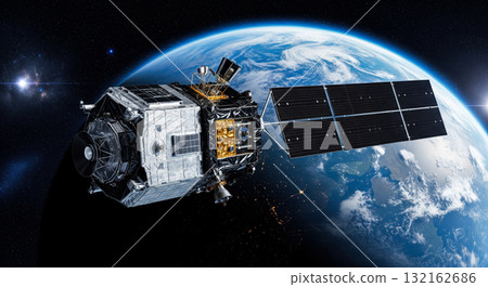 Spacecraft satellite in orbit around planet Earth, futuristic concept of global telecommunication network, space exploration mission and modern scientific research technology 132162686