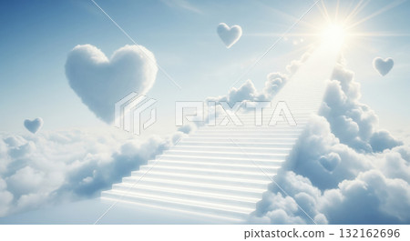 Stairway to heaven leading to bright shining light in sky, surreal dreamlike scene with white stairs going up through fluffy clouds and heart shapes 132162696