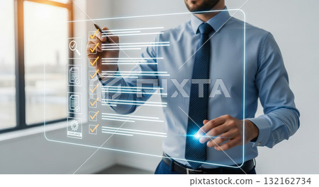 Manager completing online survey or audit form on digital screen, standard operating procedure and project management with task list, business process automation Manager completing online survey or audit form on digital screen, standard operating procedure and project management with task list, business process automation 132162734