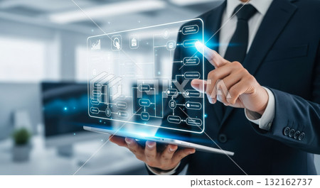 Businessman using tablet with futuristic interface showing business process automation flowchart, manager optimizing corporate workflow with digital technology and mobile device 132162737