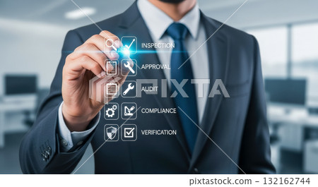 Businessman in suit ticking checkbox on virtual screen with quality control checklist, business process management for inspection, approval, audit and compliance 132162744