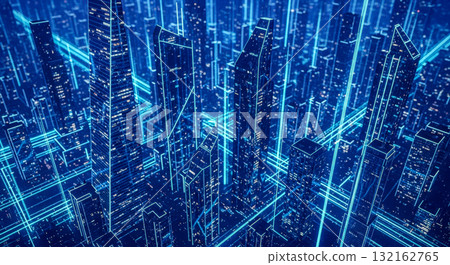 Futuristic smart city wireframe with glowing blue lines, digital twin and metaverse concept, big data and 5g network technology for modern metropolis Futuristic smart city wireframe with glowing blue lines, digital twin and metaverse concept, big data and 5g network technology for modern metropolis 132162765