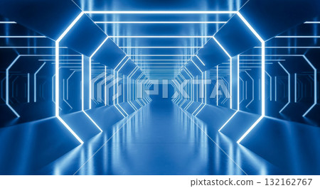 Empty high tech interior with laser lights, 3d render of long perspective hallway for science, gaming or cyberpunk event backdrop with copy space 132162767