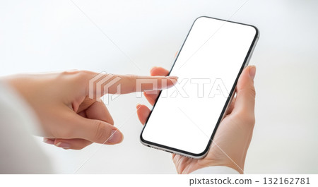 Close up on female hands using mobile phone with empty screen for your app or website design, digital device template for business and communication 132162781