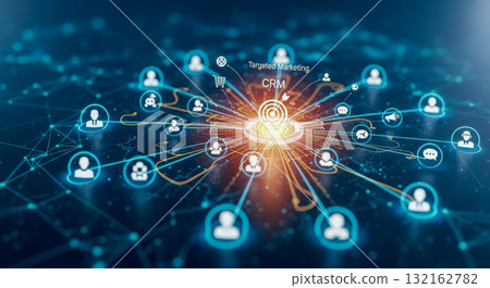 Customer relationship management CRM and targeted marketing concept, abstract illustration of user data connection on futuristic technology background with plexus network Customer relationship management CRM and targeted marketing concept, abstract illustration of user data connection on futuristic technology background with plexus network 132162782