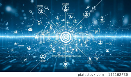 Targeted marketing strategies and customer profile analysis concept, digital illustration of target connecting with user data on global network, business technology background 132162786