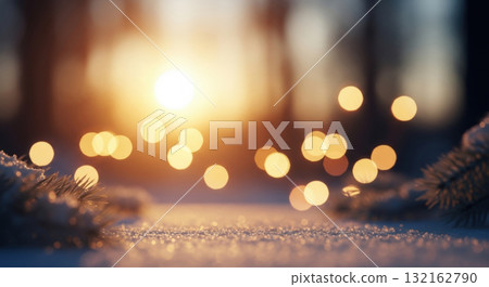 Magical winter background with glitter snow and golden bokeh lights at sunset, dreamy christmas holiday scene for festive card or banner Magical winter background with glitter snow and golden bokeh lights at sunset, dreamy christmas holiday scene for festive card or banner 132162790
