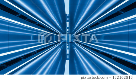 Empty high tech interior with laser lights, 3d render of long perspective hallway for science, gaming or cyberpunk event backdrop, infinity room effect 132162813