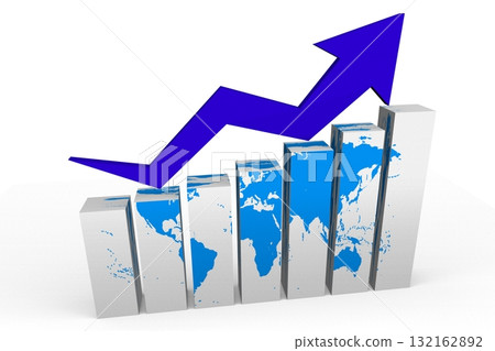 Bar chart with world map and growth arrow - 3D illustration 132162892
