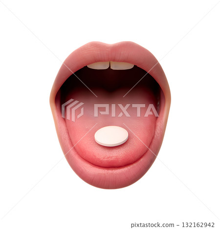 Single white pill resting on person's tongue inside open mouth, medicine and healthcare concept isolated on transparent background Single white pill resting on person's tongue inside open mouth, medicine and healthcare concept isolated on transparent background 132162942