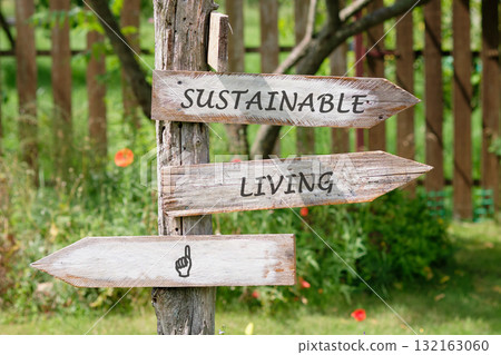Wooden signs point towards sustainable living options in a serene garden full of greenery and blooming flowers, promoting eco-friendly lifestyle choices in harmony with nature 132163060