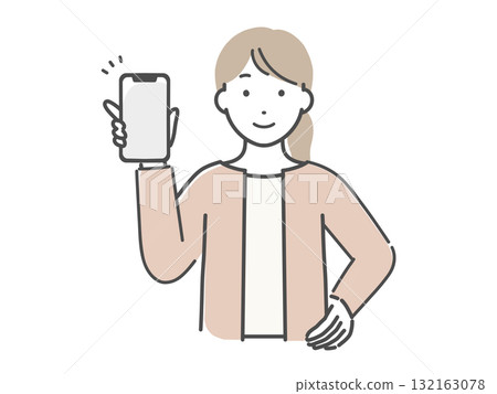 一位年輕女子手持智慧型手機並展示螢幕的插圖 一位年輕女子手持智慧型手機並展示螢幕的插圖 132163078