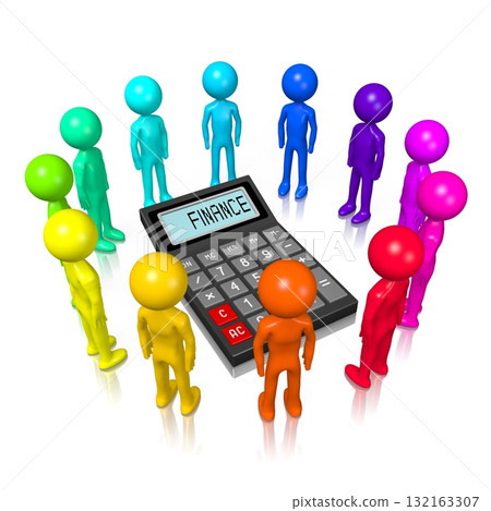 Calculator and colorful cartoon characters standing in circle 132163307