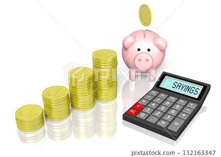 Calculator, golden coins and piggy bank - savings concept 132163347