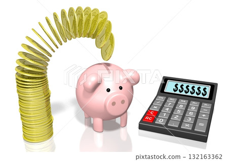Calculator, piggy bank and golden coins - savings concept 132163362