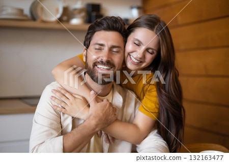 Cute couple looking peaceful and happy in the morning at their kitchen 132163477