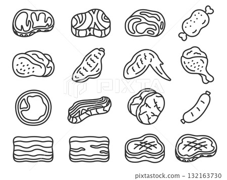 Illustration set of various types of meat icons (line drawings) Illustration set of various types of meat icons (line drawings) 132163730