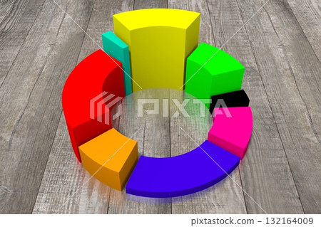3D pie chart illustration, wood in background 132164009