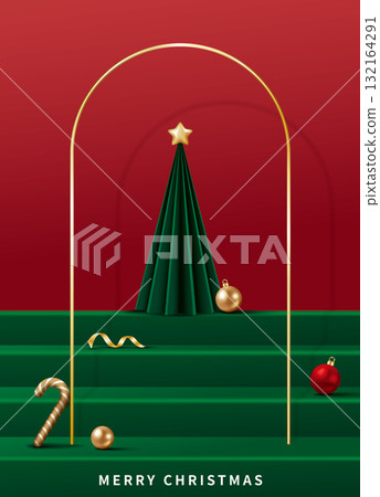3D Christmas tree, golden arches and stepped merchandise display platform, Christmas vertical advertising poster flyer material picture 3D Christmas tree, golden arches and stepped merchandise display platform, Christmas vertical advertising poster flyer material picture 132164291