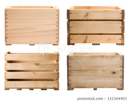 Empty wooden wood crate box on transparent background cutout, PNG file. Mockup template for artwork design. Many assorted different range types 132164401