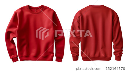Set of red front and back view tee sweatshirt sweater long sleeve on transparent background cutout, PNG file. Mockup template for artwork graphic design 132164578