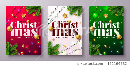 Merry Christmas and Happy New Year Greeting Card Clipart Set with Fir Branch, Light Garland and Typography Lettering on Red, White and Green Background. Vector Holiday Season Design with Decoration Merry Christmas and Happy New Year Greeting Card Clipart Set with Fir Branch, Light Garland and Typography Lettering on Red, White and Green Background. Vector Holiday Season Design with Decoration 132164582