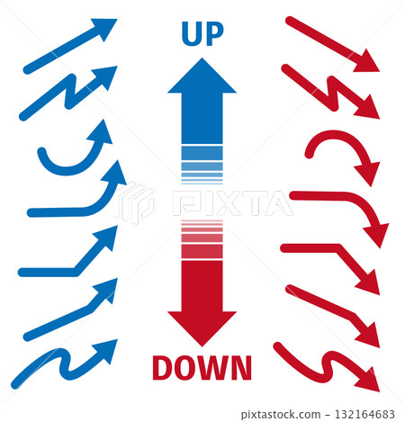 一組插圖，一個藍色箭頭指向上方，一個紅色箭頭指向下方。白色背景上的向量插圖。 132164683