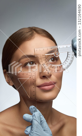 Woman face measured with transparent rulers in precision dermatology examination Woman face measured with transparent rulers in precision dermatology examination 132164690