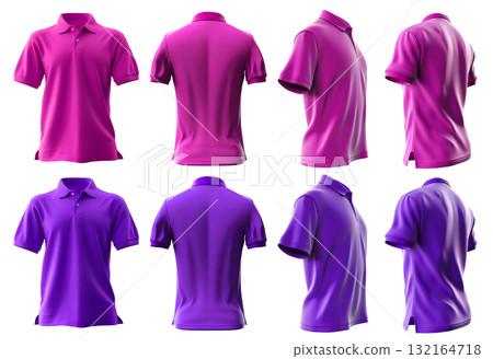 2 Set of violet purple front, back and side view collar polo tee shirt on transparent background cutout, PNG file. Mockup template for artwork graphic design 132164718