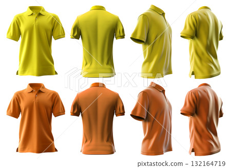 2 Set of yellow orange front, back and side view collar polo tee shirt on transparent background cutout, PNG file. Mockup template for artwork graphic design 132164719