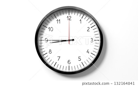 Time at quarter to 9 o clock - classic analog clock on white background - 3D illustration Time at quarter to 9 o clock - classic analog clock on white background - 3D illustration 132164841