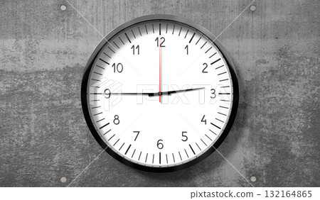 Time at quarter to 3 o clock - classic analog clock on rough concrete wall - 3D illustration 132164865