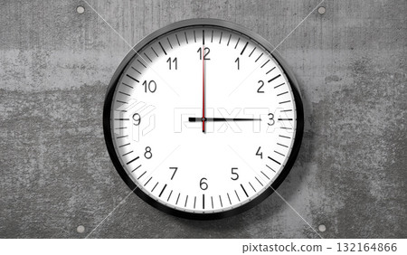 Time at 3 o clock - classic analog clock on rough concrete wall - 3D illustration 132164866