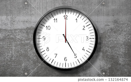 Time at 5 o clock - classic analog clock on rough concrete wall - 3D illustration 132164874
