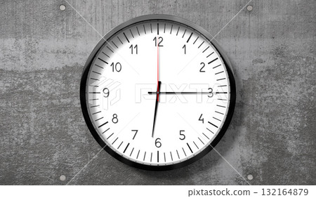 Time at quarter past 6 o clock - classic analog clock on rough concrete wall - 3D illustration 132164879