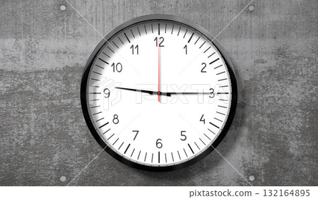 Time at quarter past 9 o clock - classic analog clock on rough concrete wall - 3D illustration 132164895