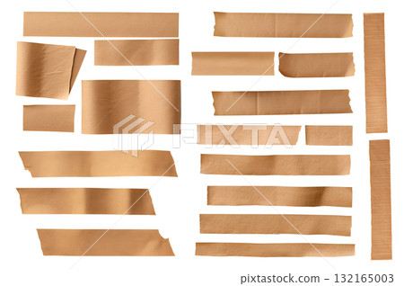 Stripes of brown textured adhesive kraft paper tape on transparent background cutout, PNG file. Mockup template for artwork design. Many different size and length 132165003