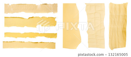 Stripes of light ripped yellow textured adhesive kraft paper masking tape on transparent background cutout, PNG file. Mockup template for artwork design. Many different size and length 132165005